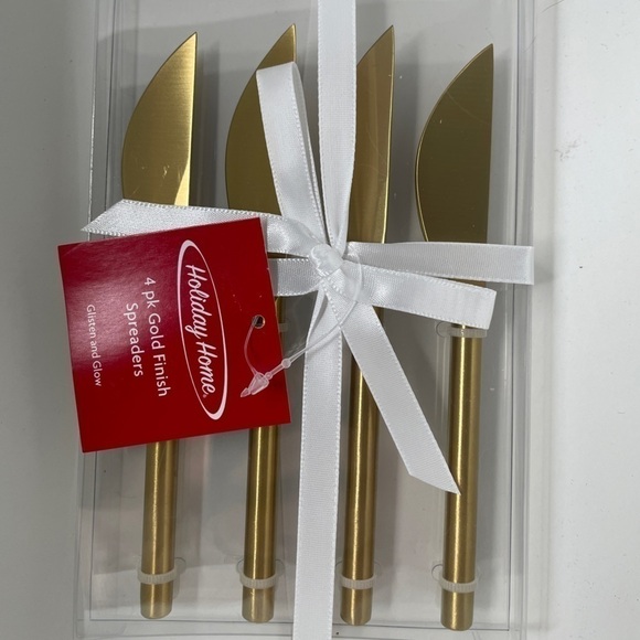 Holiday 4 pack gold finish cheese spreader and Happy Holidays serving dish - Picture 4 of 6